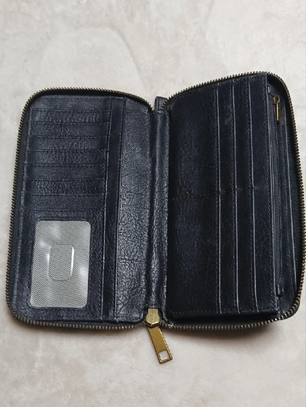 Fossil Black Leather Zip-Around Wallet with Gold Accent